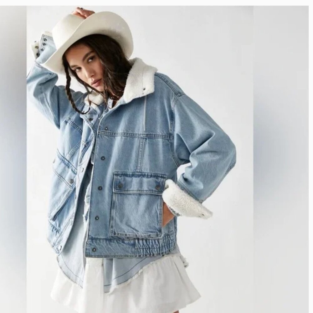 Free People We The Free Ariel Cozy Bomber Jacket Denim Sherpa Trim Size L